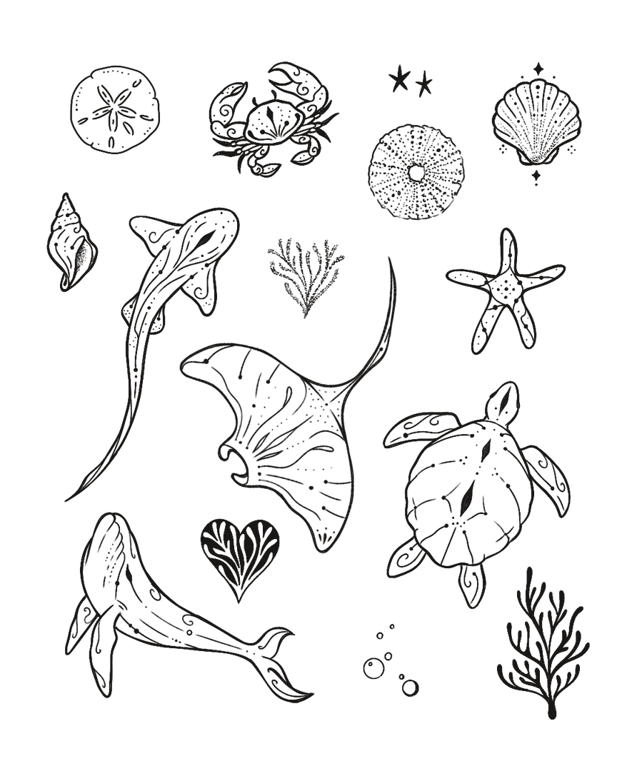 Planche de flashs de tatouage marins par Soane Patita : raie manta, tortue, baleine, requin, crabe, coquillages et coraux